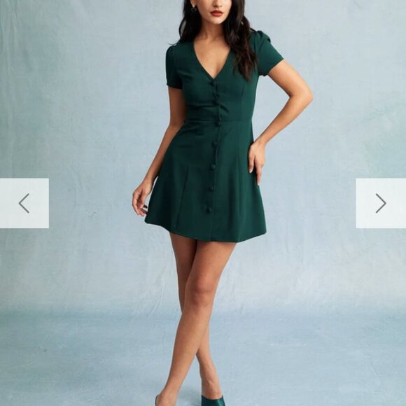 RIOHAS The Dark Green V Neck Button-up Shirt Mini Dress - Picture 1 of 8